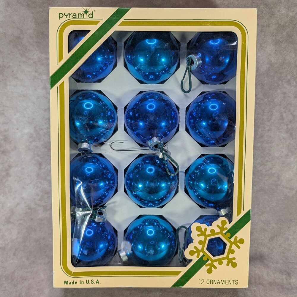 Vintage Pyramid Rauch Blue Glass Christmas Ornaments Shiny Ball Lot 12 Boxed USA